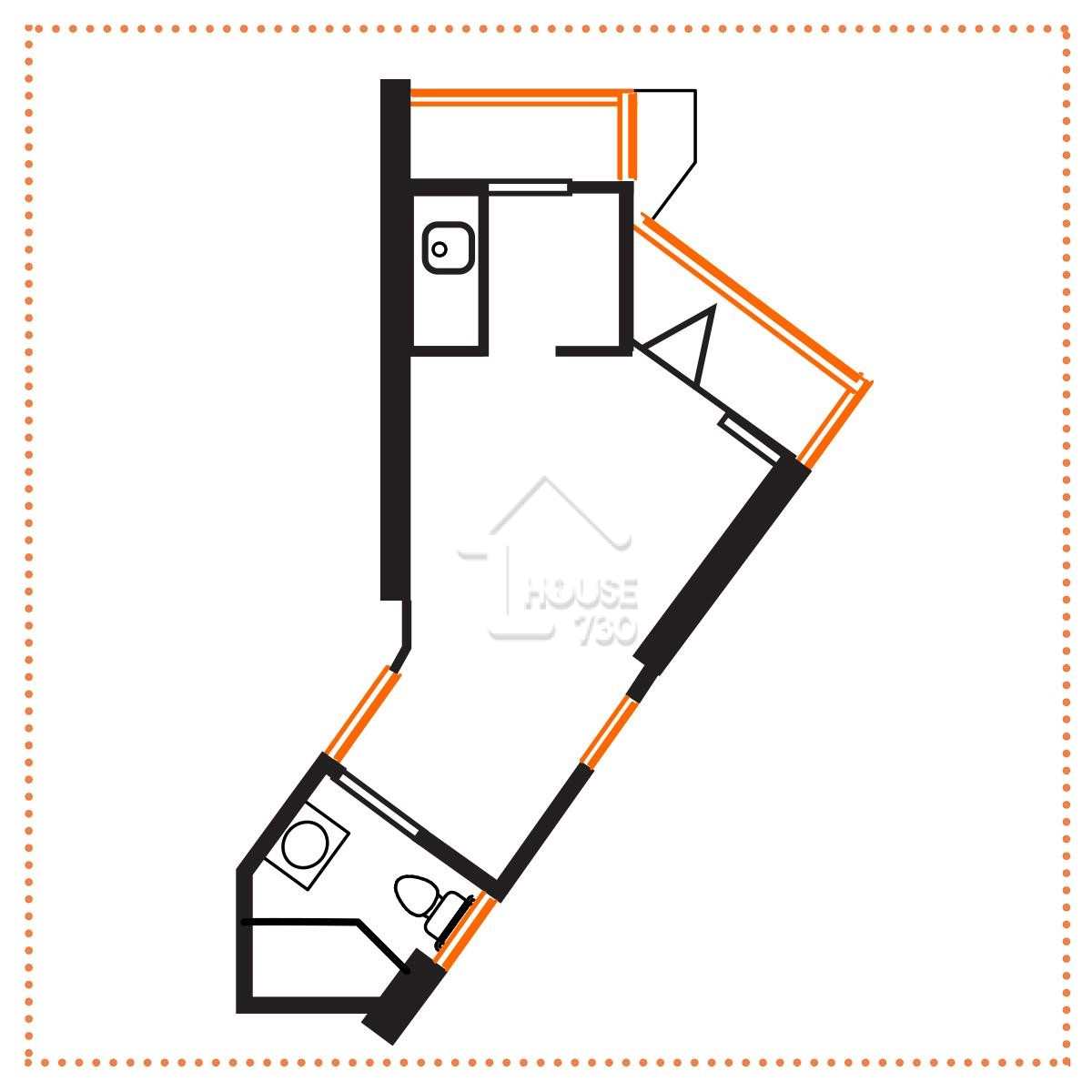 項目C單位開則三尖八角，形狀似七巧板砌成，當中包括五角形廁所、另沐浴間、客廳、露台全部呈梯形，全屋最方正的算是長方形的廚房。