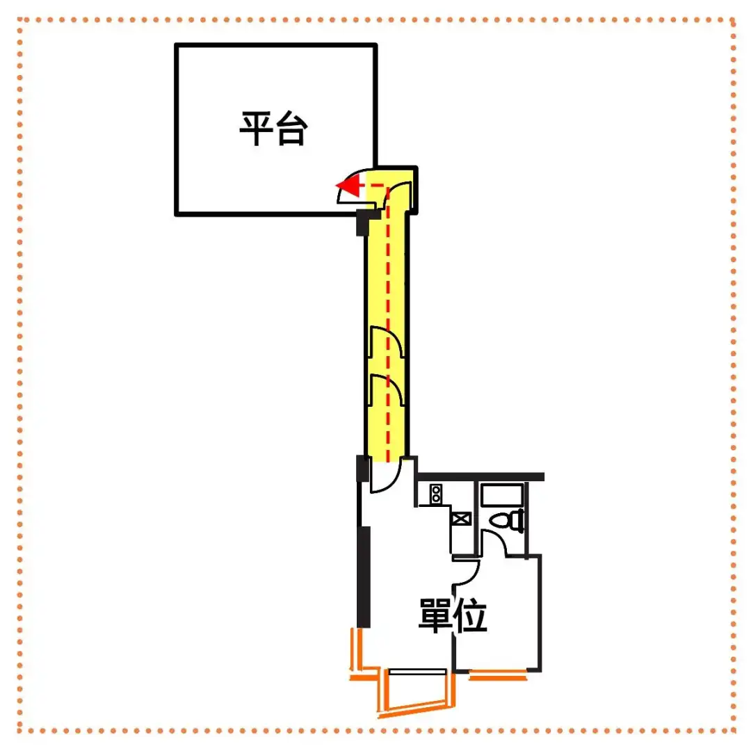 三樓B室位處大廈東北面，而所屬平台則處南面，兩者完全分離。