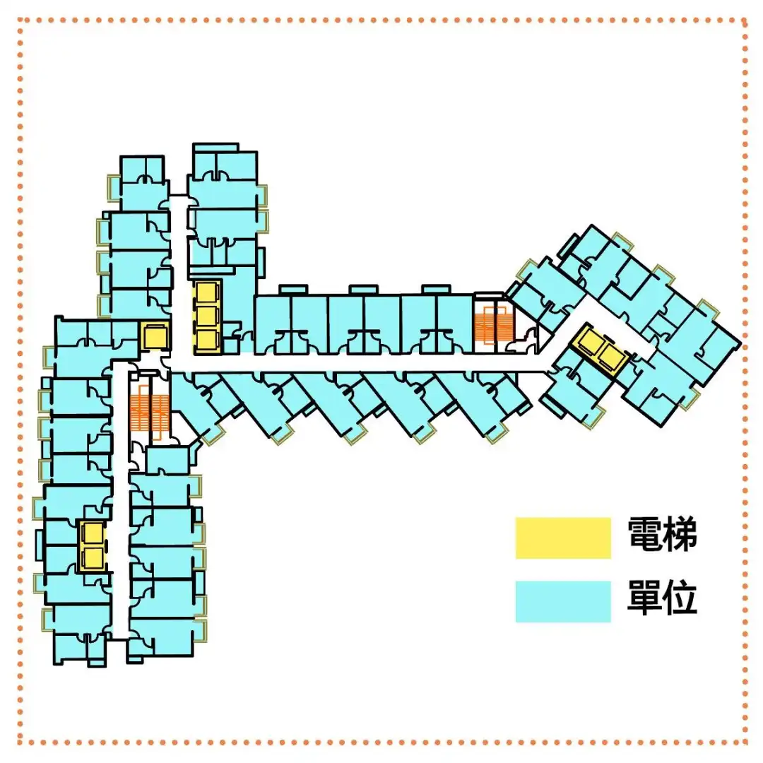 環海·東岸名義上有A、B及C三座，長長的走廊將三座全部打通，形成一層36伙格局。