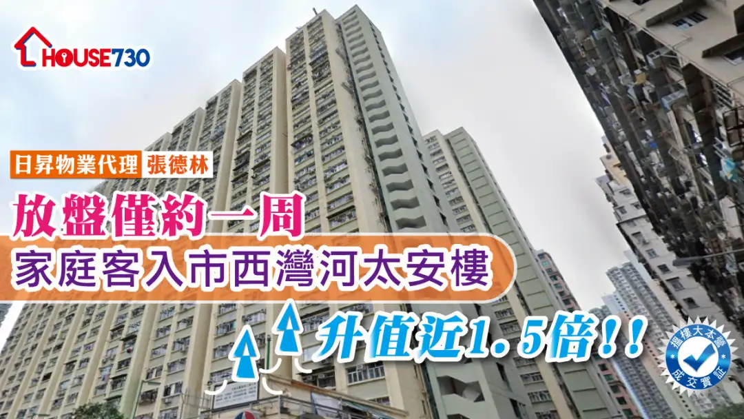 House730成交-放盤僅約一周 家庭客入市西灣河太安樓 升值近1.5倍-House730