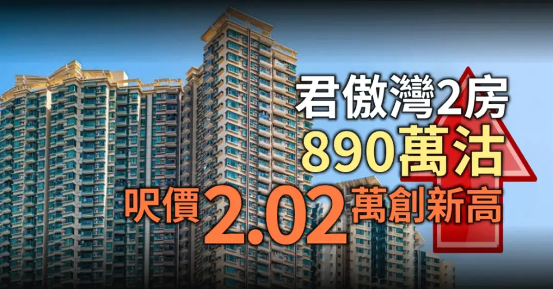 君傲灣錄2房單位以890萬元沽，呎價創新高達20,227元。