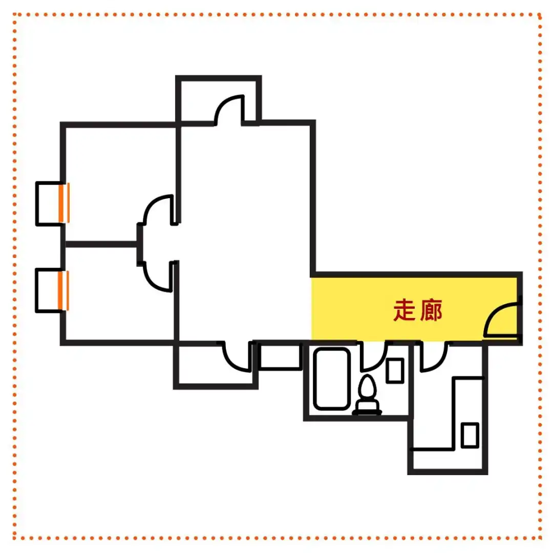 1座的A單位玄關走廊橫跨洗手間及梗廚，實用面積達80平方呎，比睡房還要大。