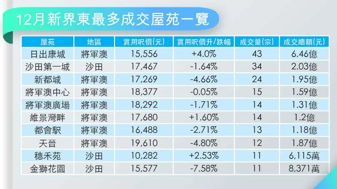 12月新界东最多成交屋苑一览(资料来源：中原地产)