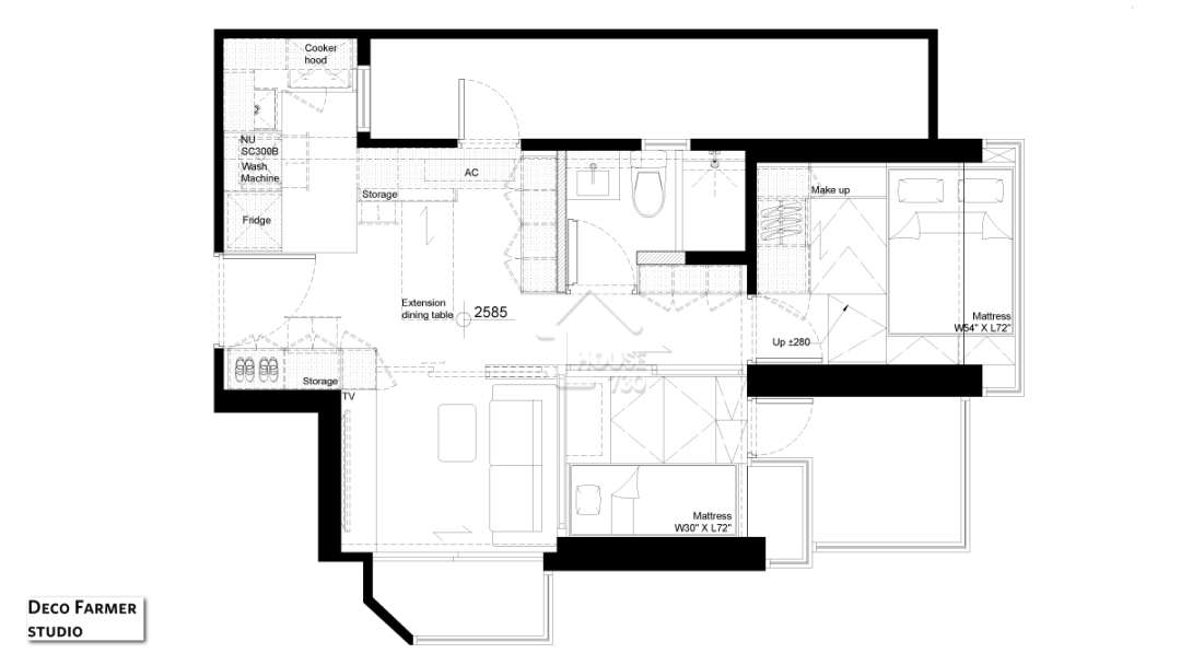 客飯廳+2房+開放式廚房: 設計師將一房改建成兩房，提升房間實用性。