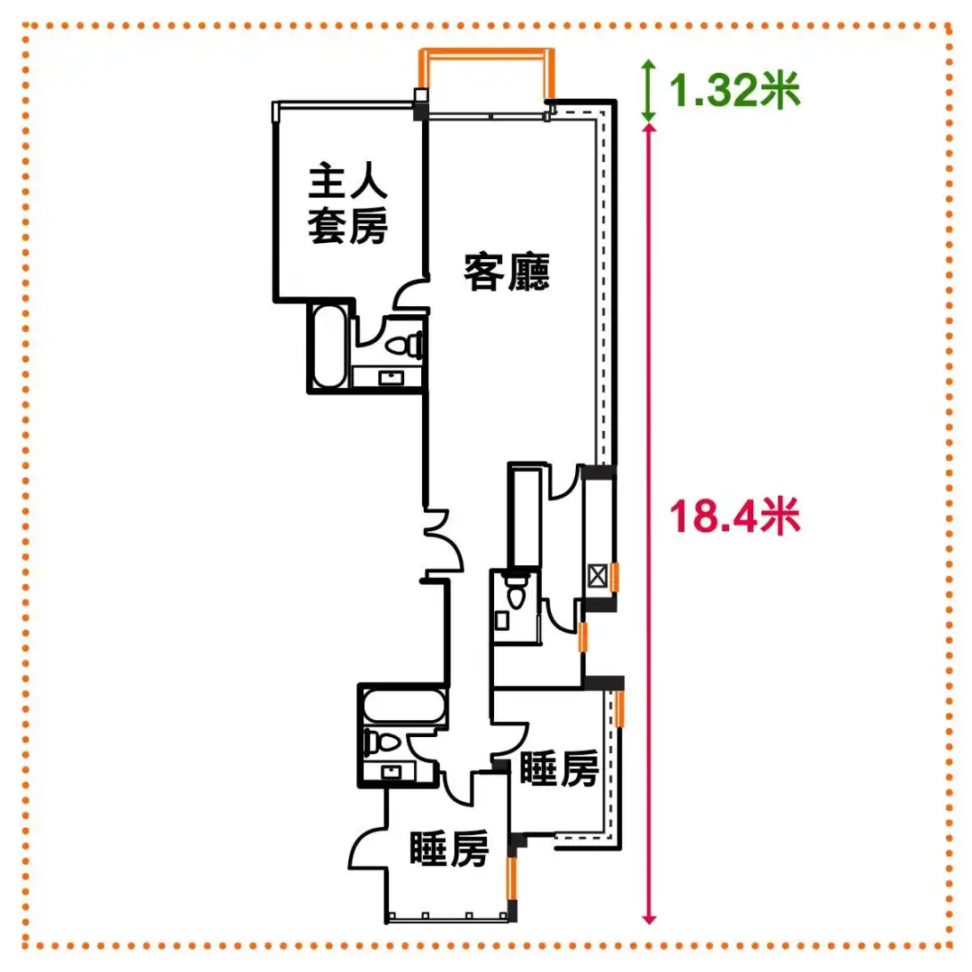 这千尺单位却设计成跑道则，全屋长约19.7米，当中包括睡房至客饭厅约18.4米，另连接深度约1.32米的露台。