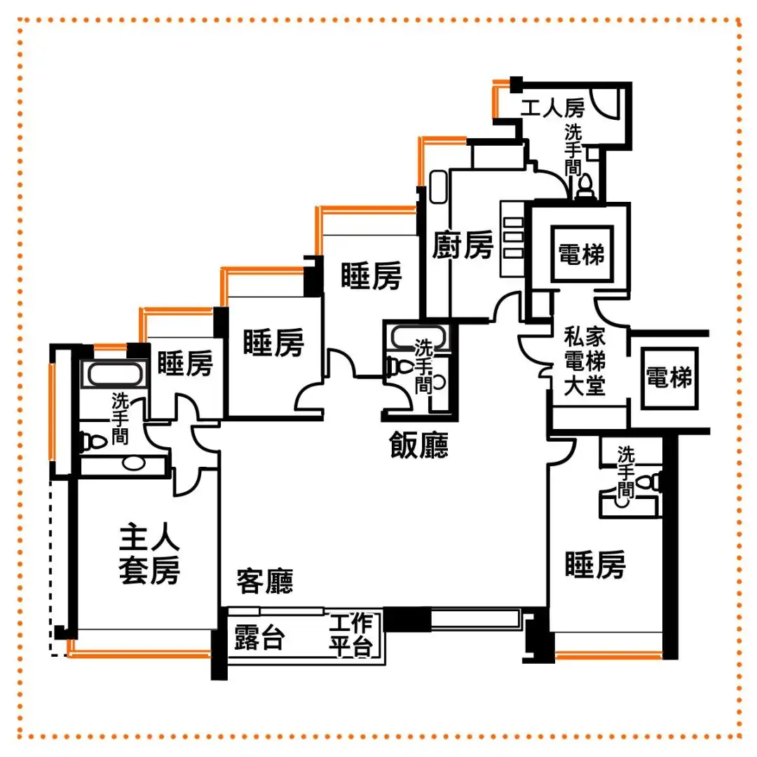 这个五房连工人房单位，从主人套房的洗手间开始，以至三个睡房及厨房，组成了一级级的楼梯，外型甚为独特。