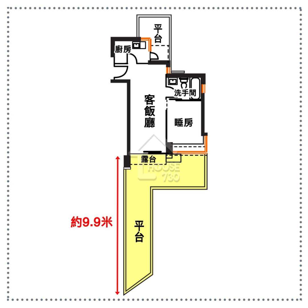 從平面圖可見，單位開則像一把斧頭，室內位置是斧頭的刀刃，平台則為手把。