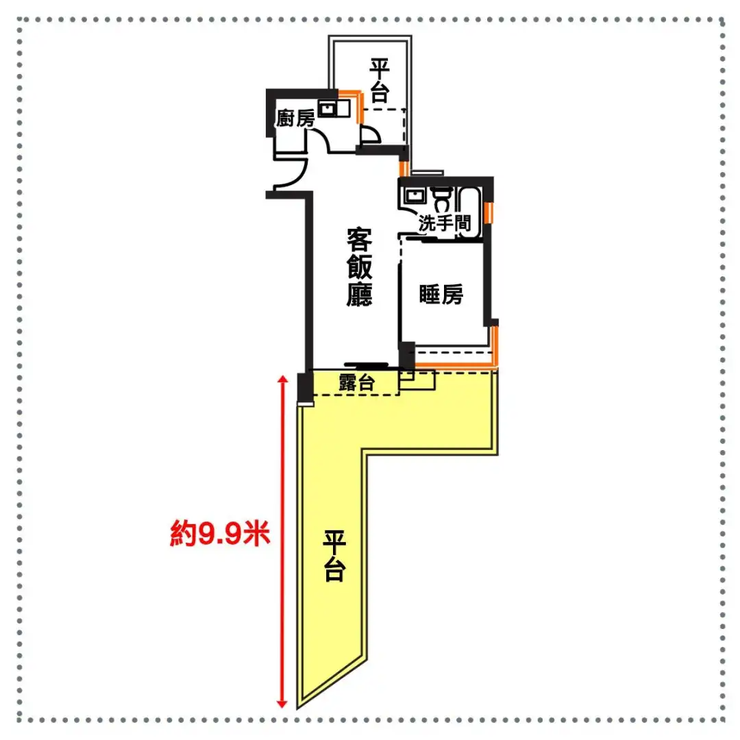 从平面图可见，单位开则像一把斧头，室内位置是斧头的刀刃，平台则为手把。