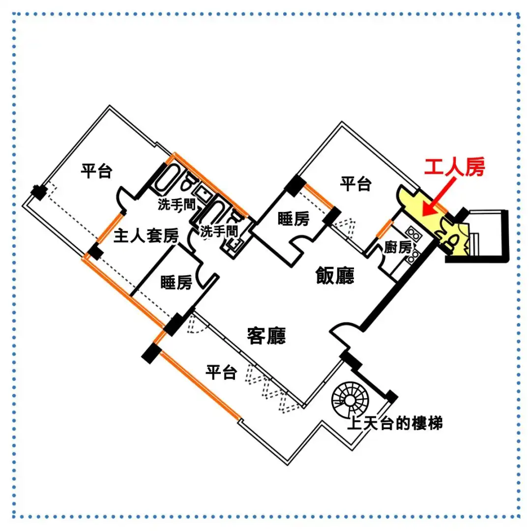 自成一角的工人房及洗手間，工人姐姐走出房外便可享有平台的戶外空間。