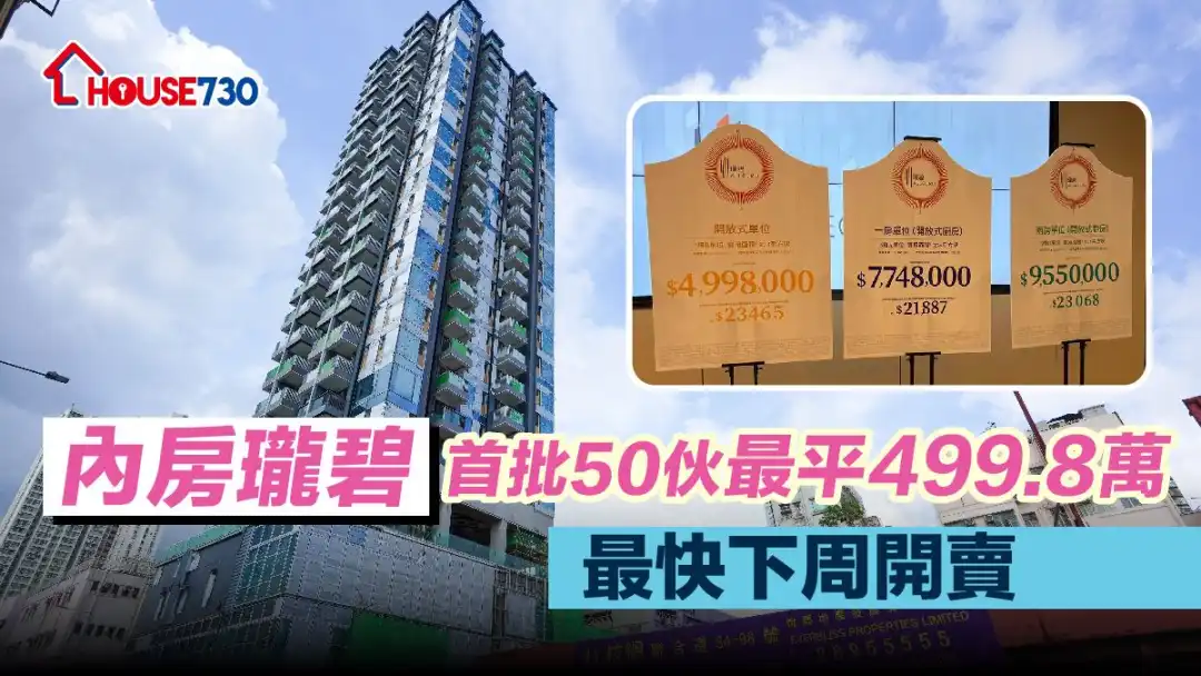 内房碧桂园发展的贾炳达道珑碧，首批50伙，平均折实尺价24,520元，项目挟位处名校网优势，最平入场费499.8万元，最快下周开售。