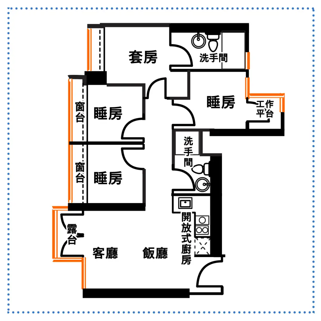 进入走廊左边两间细睡房，每间实尺仅44平方尺，只能勉强放一张三尺单人床。