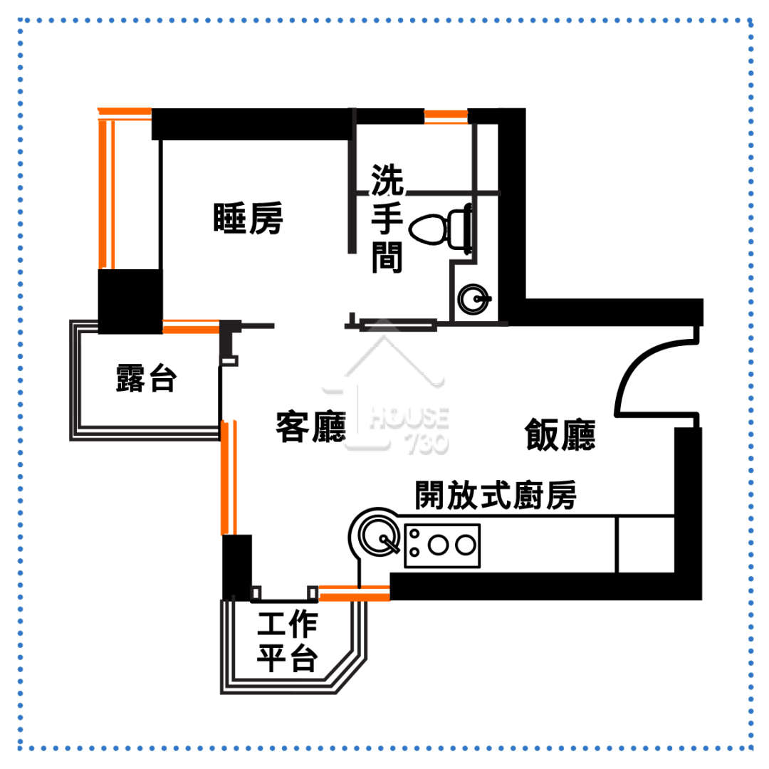 大門、睡房門、露台及工作平台出入的門，全部向客飯廳，當中三扇門都是通室外或單位外的地方及空間。