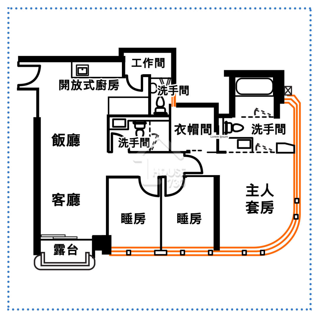 經過小玄關即見到開放式廚房出現，提供一字形工作枱面，設有明火爐頭及鋅盆。