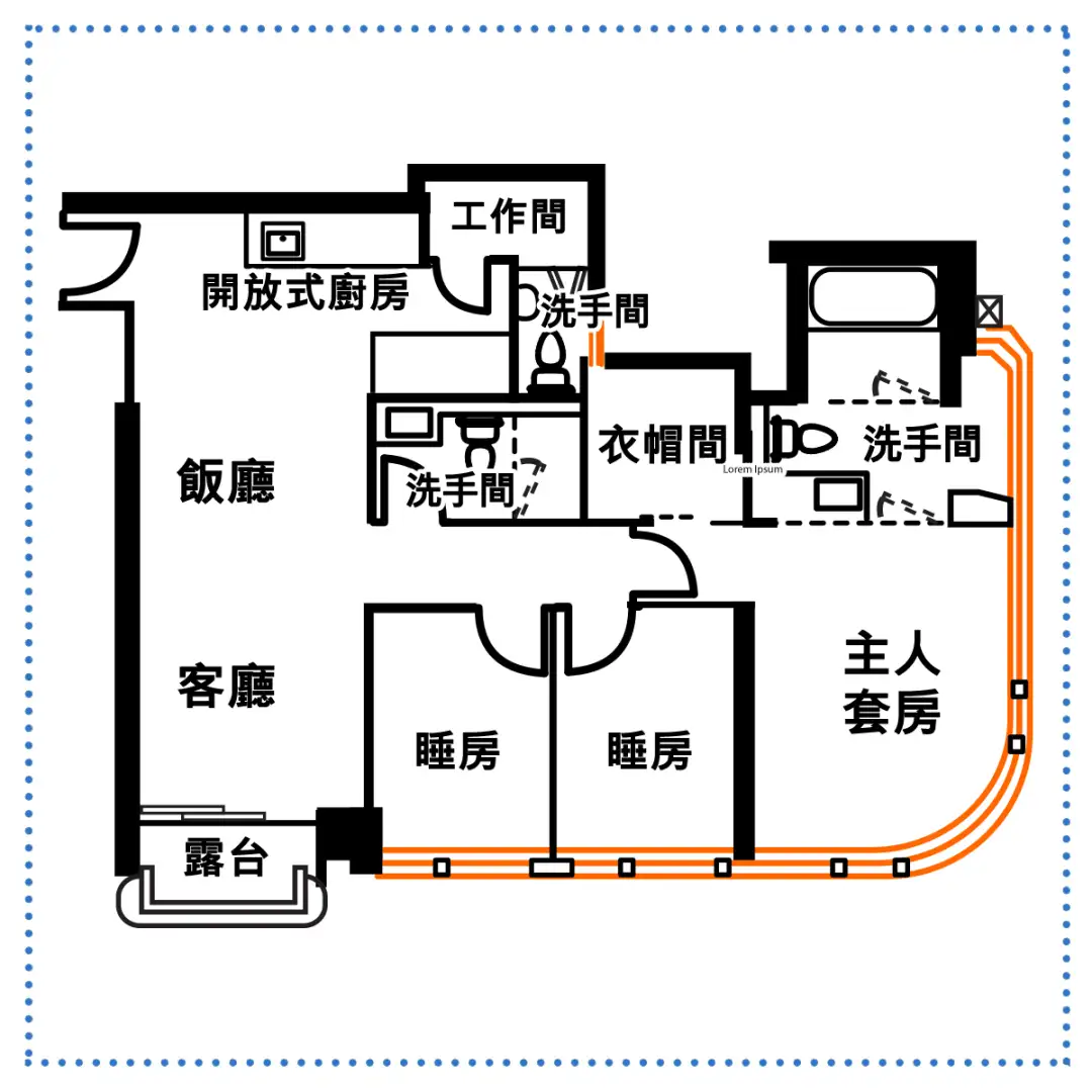 經過小玄關即見到開放式廚房出現，提供一字形工作枱面，設有明火爐頭及鋅盆。