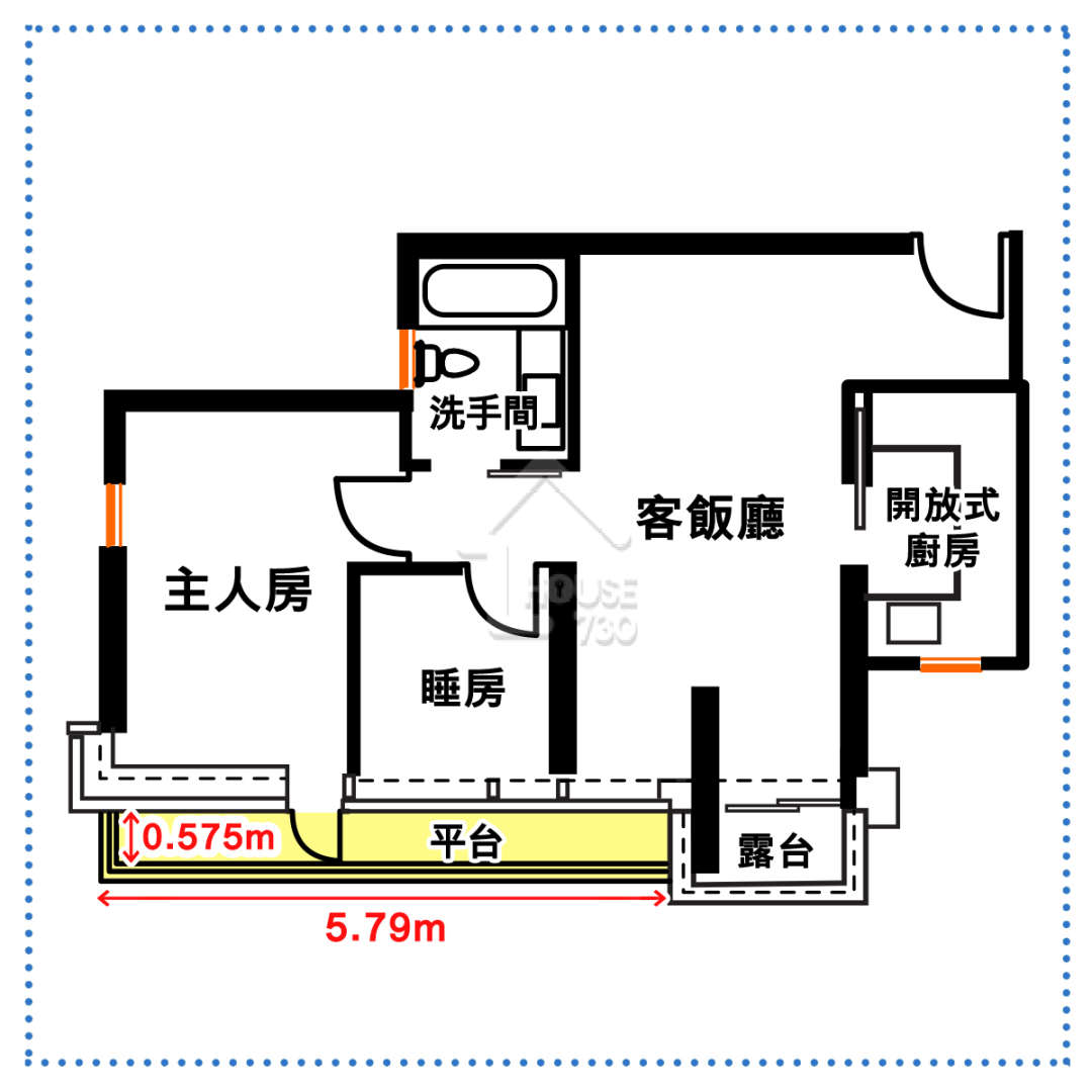 主人房便是通往Catwalk平台的入口，由於平台闊度僅0.575米，即約一個窗框或洗手間門的闊度，意味僅夠一個人通過。