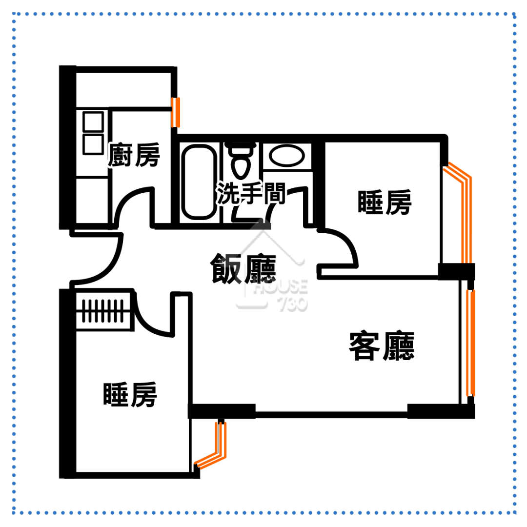 這個零走廊的兩房戶，破天荒地將其中一間睡房置於大門口隔離。