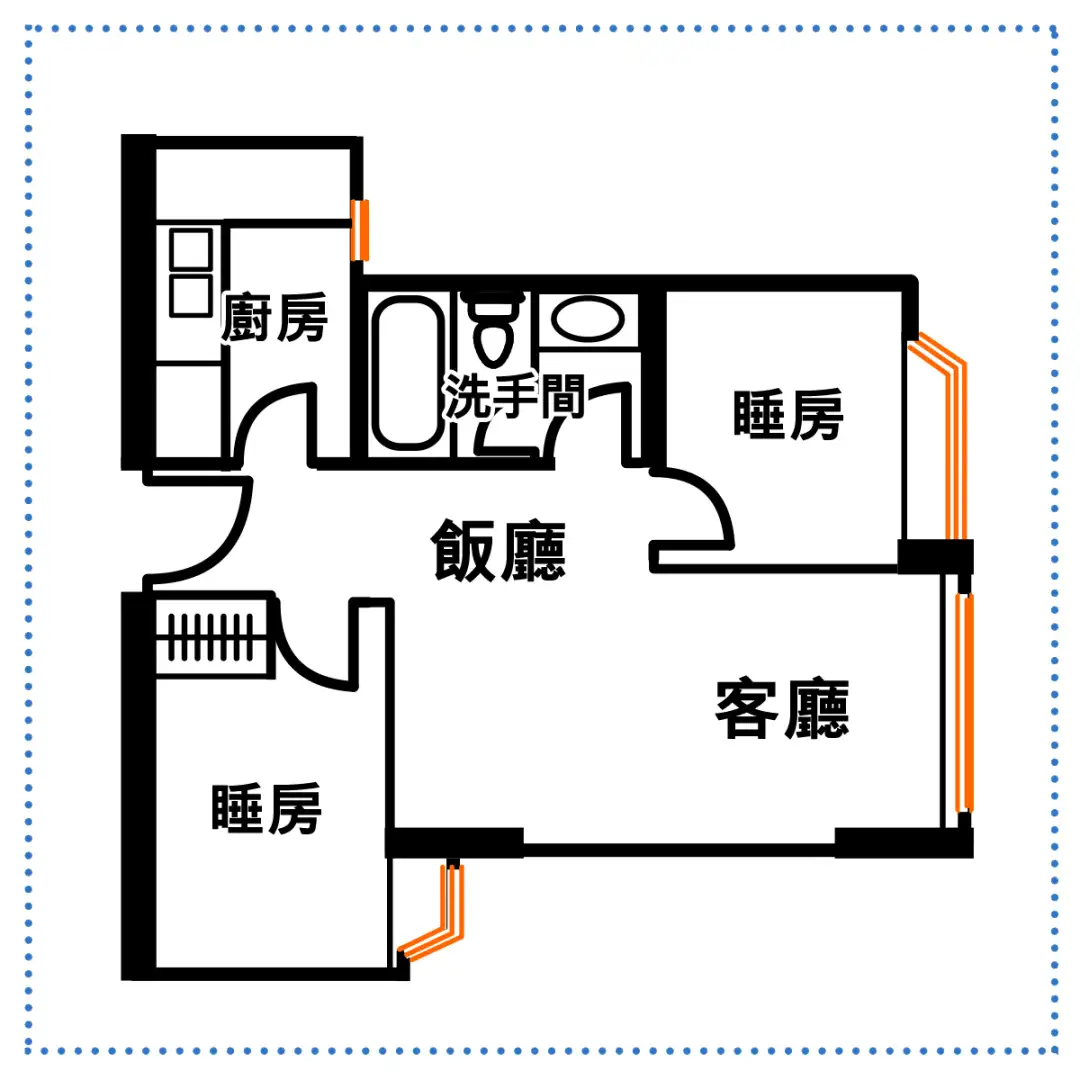 這個零走廊的兩房戶，破天荒地將其中一間睡房置於大門口隔離。