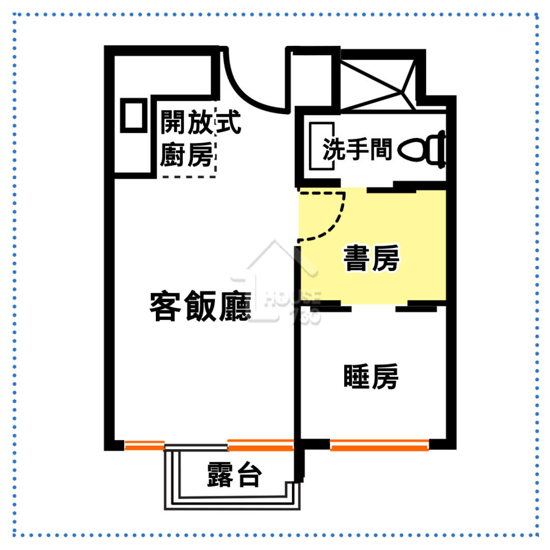 客飯廳左邊為洗手間、書房及睡房所在地，但只有一個共用門口，要經過書房才能抵達睡房。