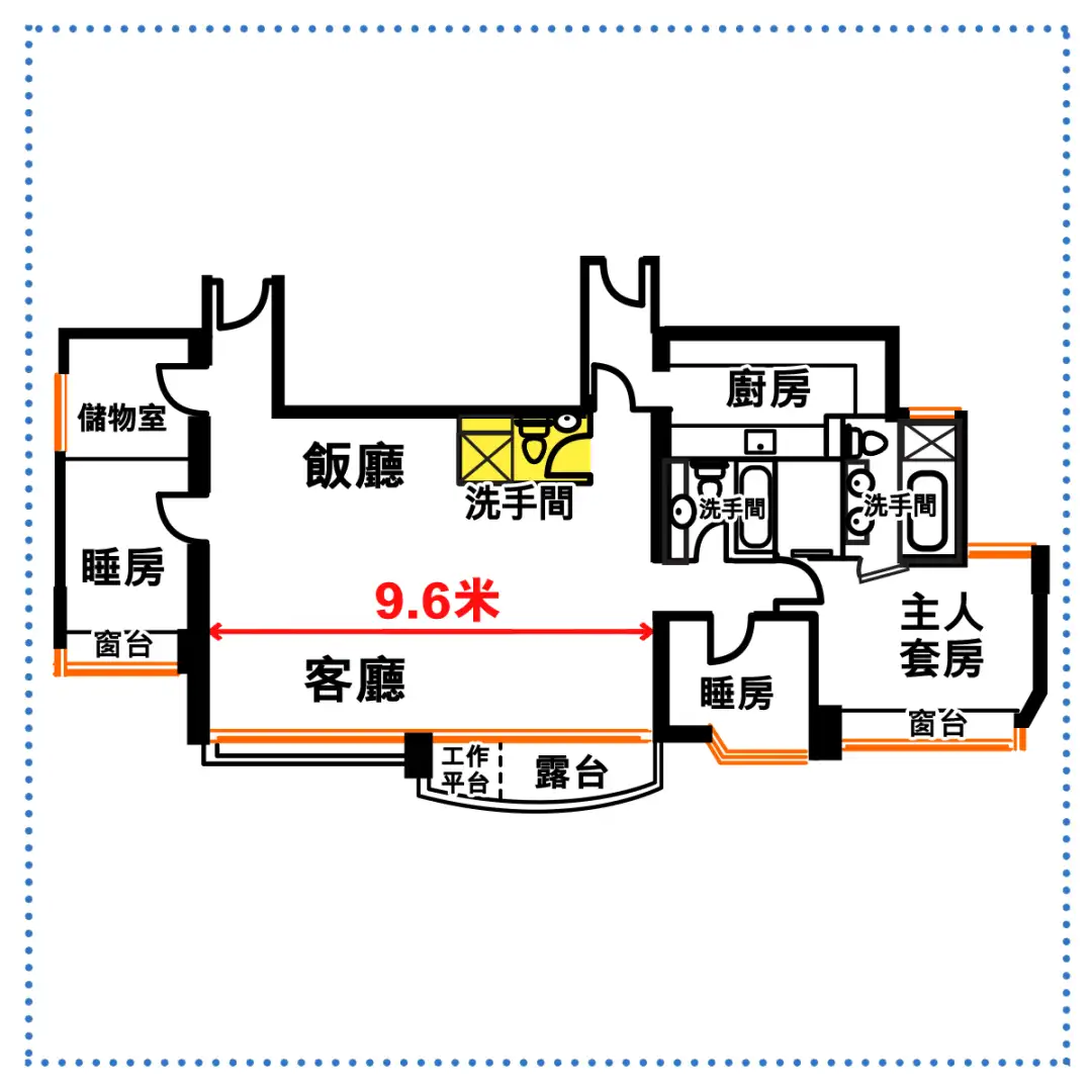 飯廳旁邊近廚房位置突現出現了一個洗手間連企缸，情況耐人尋味。