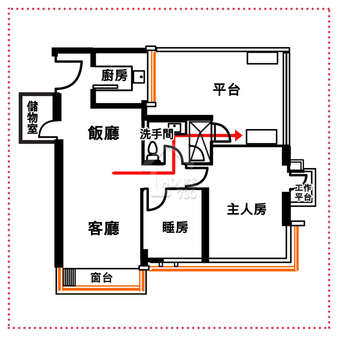 招呼親友到家中平台開派對，朋友們要走入洗手間再踩過企缸才能抵達平台，情況匪夷所思。