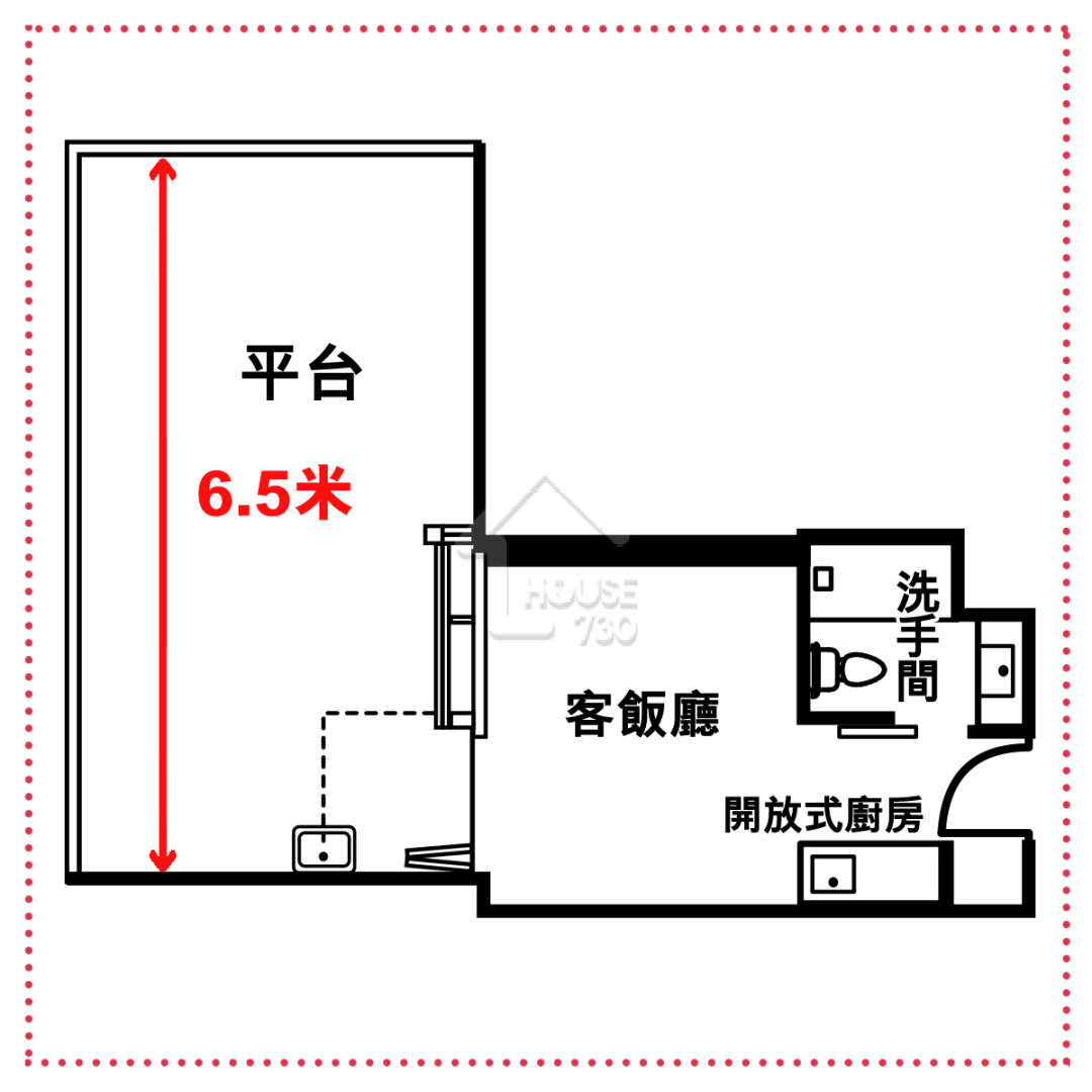 單位室內實呎189，扣除洗手間及開放式廚房，客飯廳空間不足100平方呎。