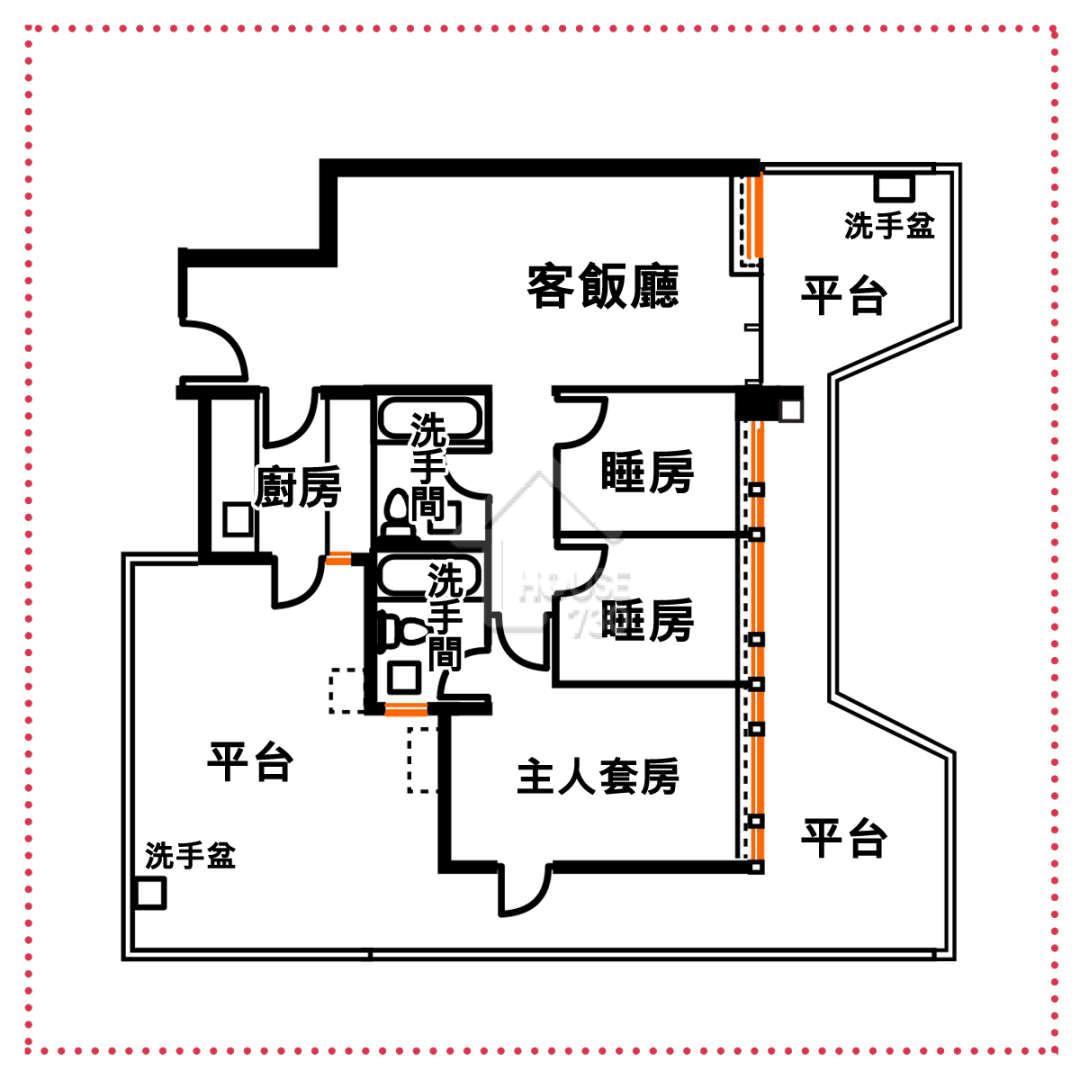 有三條路可通往平台，分別是客飯廳、主人套房及廚房，真正做到條條大路通平台。