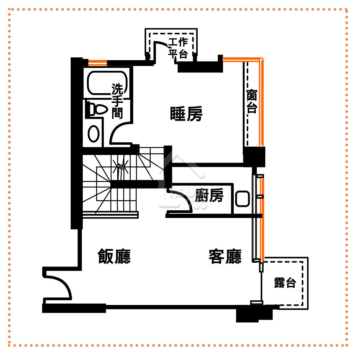 一房複式戶下層是客飯廳及廚房，上層為睡房及洗手間，兩層以內置樓梯打通。