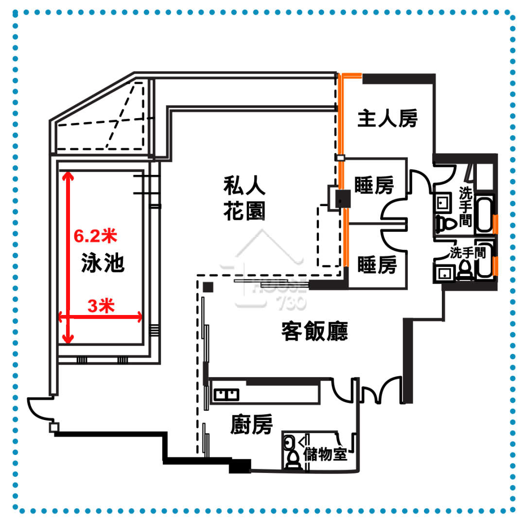 第2座地下C單位，三房一套實用面積891平方呎，另設1,059平方呎花園連泳池。