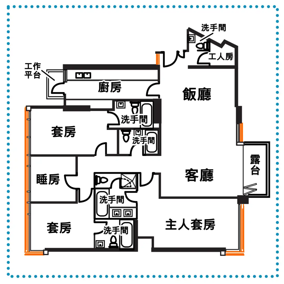 纵观整个睡房区，合共四房四厕，当中三个洗手间置身套房内，全部套房实尺介乎90至170平方尺。