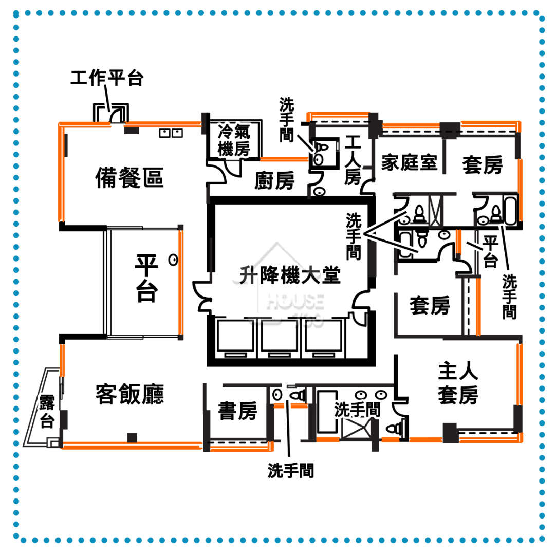 這個豪宅像一個「回」字，回字內圈是升降機大堂及公共空間，外圈則是三房套連工人房豪宅，做到四面環窗的境界。