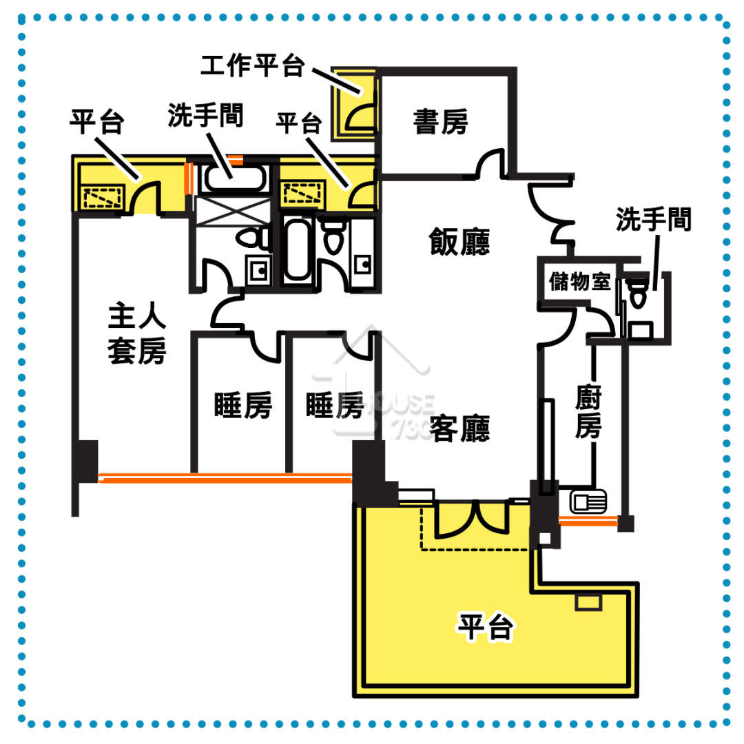 奇則 | 長方形客飯廳連接兩個平台，大平台實呎約214平方呎，打開客飯廳連接大平台的玻璃門，室內外空間合共接逾460平方呎。