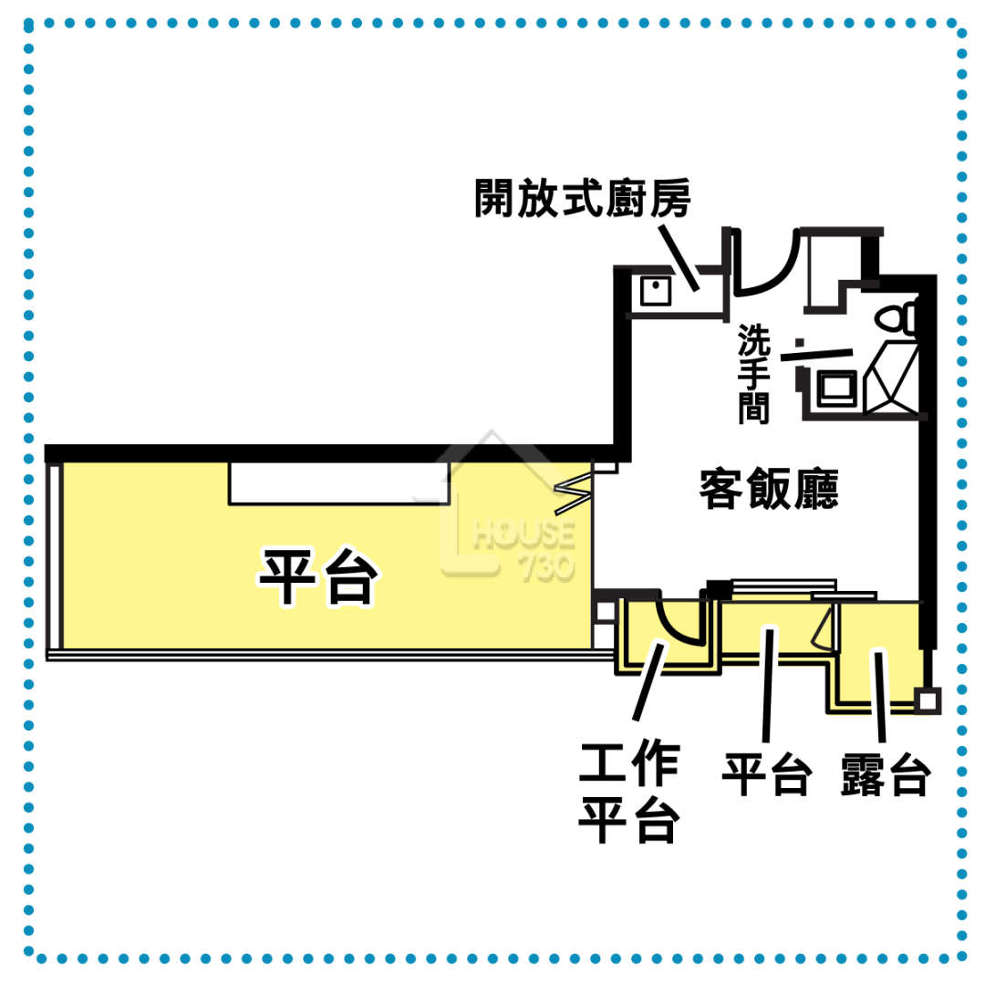 客飯廳末端出現工作平台、平台及露台集於一身的設計，令室外空間實用性降低之餘觀感亦騎呢。