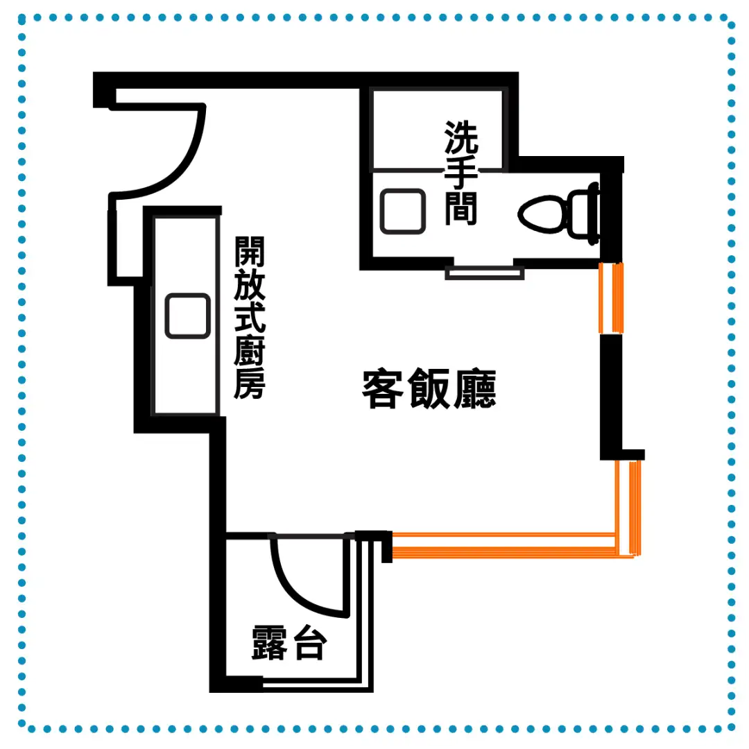 單位設開放式廚房，加上洗手間的門對著客飯廳及大量玻璃窗，全屋只餘下一道約一米闊的牆身。