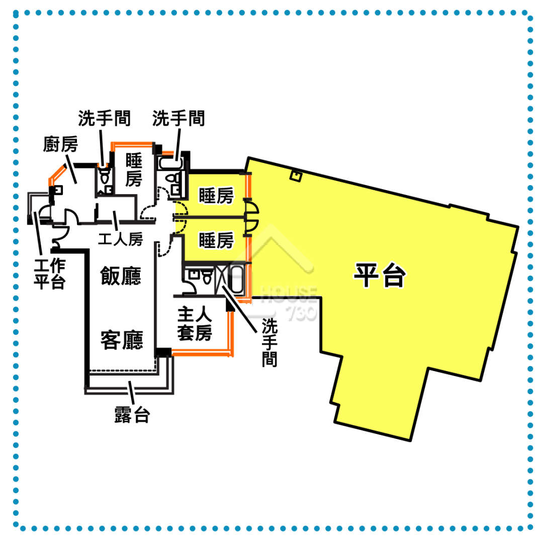 兩間實用面積約70平方呎的睡房，不但能看到窗外的超級平台，更各有一扇門能進出平台。