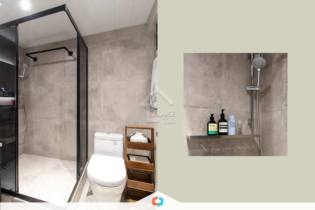 浴室則使用水泥磚，成師傅舖磚前先拼湊構圖，紋理看起來很順眼。