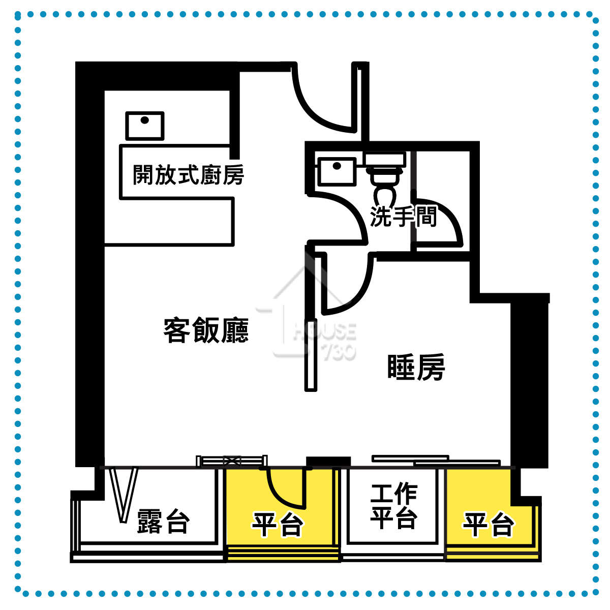 從平面圖看，四個平排的露台及平台，合共多達66平方呎，而闊度合共達6米，卻被劏成四小份。