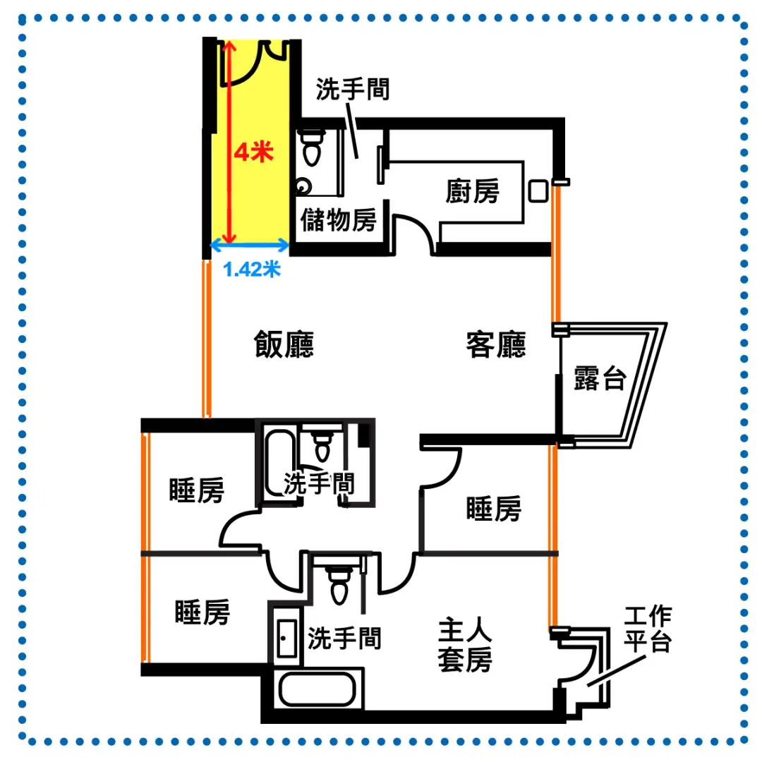 玄關呈長條形，實呎約61平方呎，較單位內三個普通睡房更大。