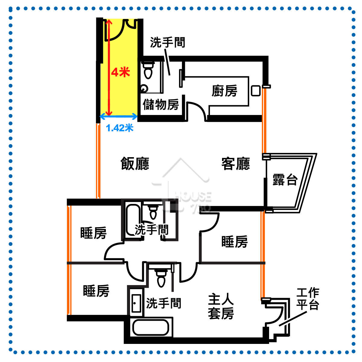 玄關呈長條形，實呎約61平方呎，較單位內三個普通睡房更大。