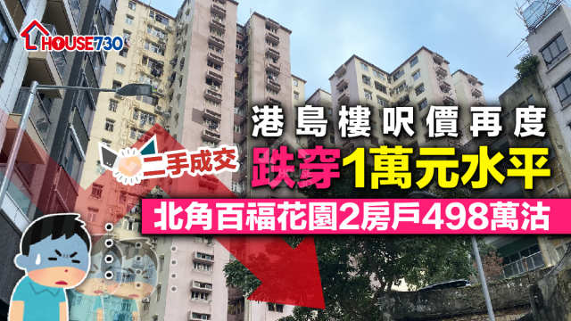 二手成交│港島樓呎價再度跌穿1萬元水平       北角百福花園2房戶498萬沽