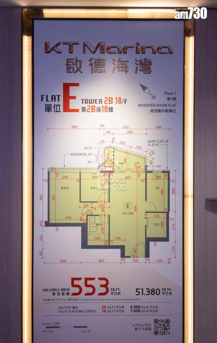 以第2B座18樓E室為藍本搭建的兩房連儲物室經改動示範單位，實用面積553方呎。(資料圖片am730)