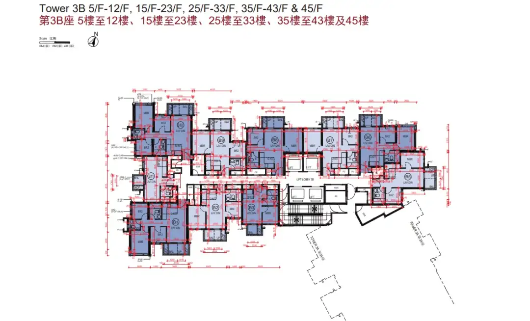 「YOHO WEST」第3B座标准单位楼层设10伙，提供4部升降机。