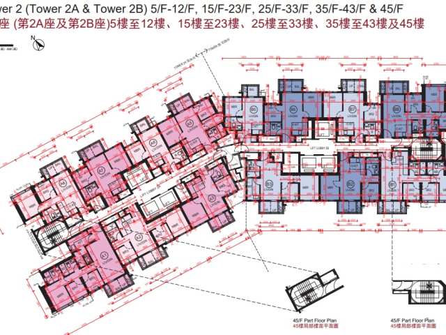 「YOHO WEST」第2A及2B座標準樓層每層設有7伙，提供3部升降機。