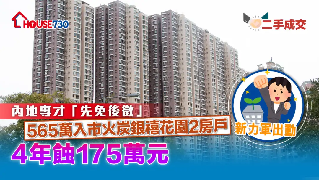 二手成交│內地專才「先免後徵」565萬入市火炭銀禧花園2房戶        4年蝕175萬元