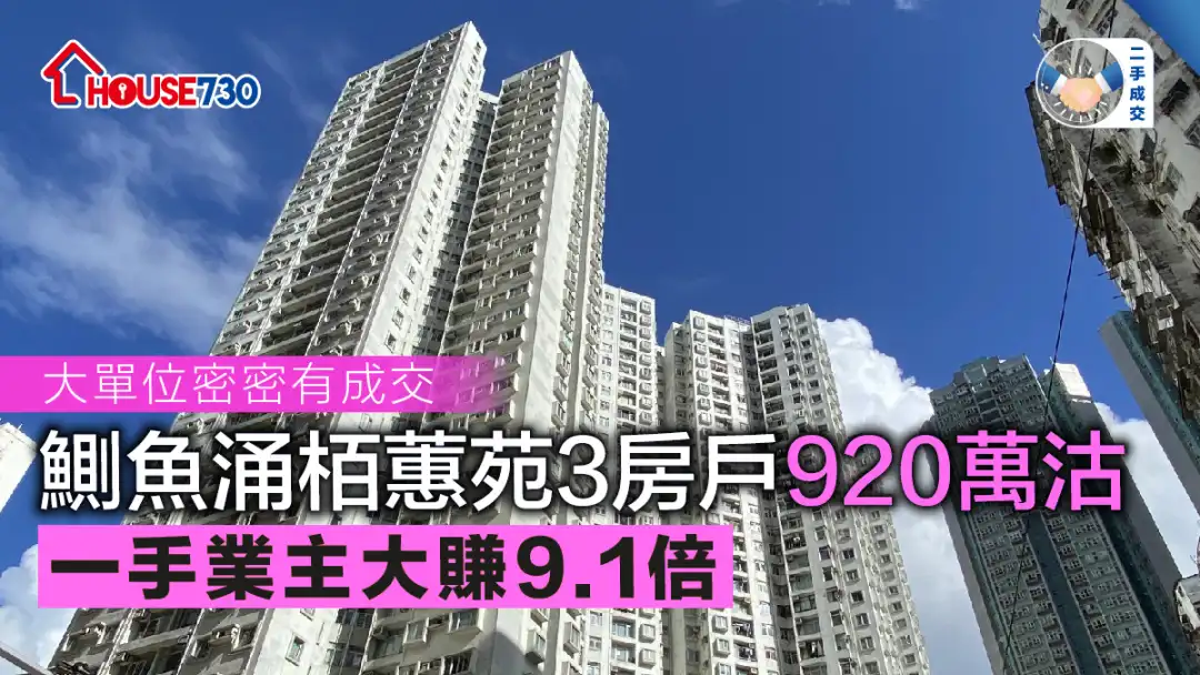 二手成交│鰂鱼涌栢蕙苑3房户920万沽       一手业主大赚9.1倍