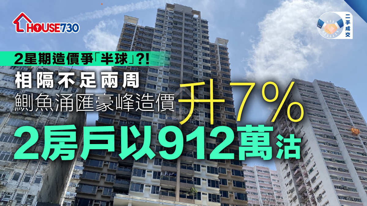 二手成交│相隔不足兩周  鰂魚涌匯豪峰造價升7%  2房戶以912萬沽