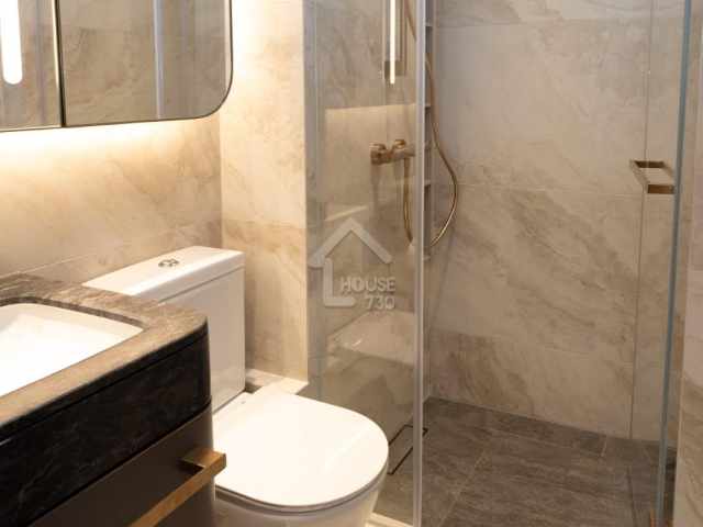 浴室淋浴間設有玻璃門分隔，暗廁設計。