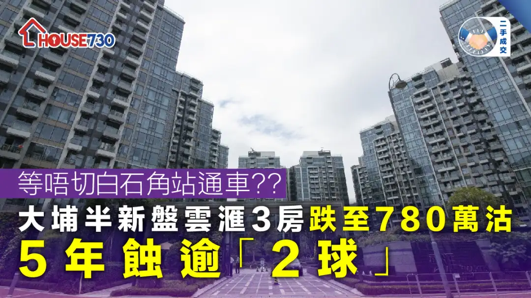 二手成交｜大埔半新盤雲滙3房跌至780萬沽  5年蝕逾「2球」