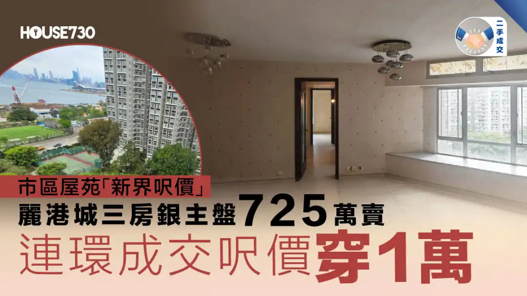 二手成交｜ 丽港城三房银主盘725万卖     连环成交尺价穿1万